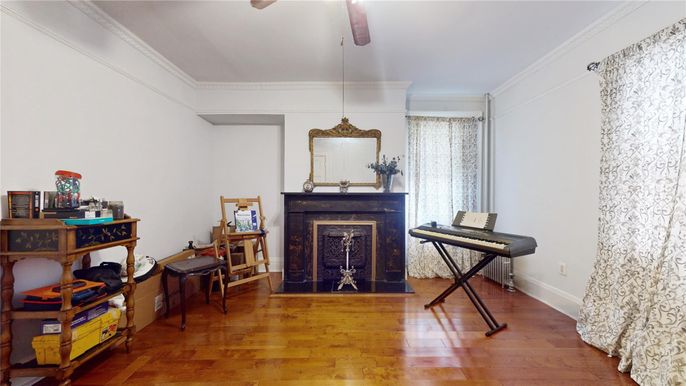 Fireplace, Interior, Pendant Lights, Piano, Wood Texture Flooring