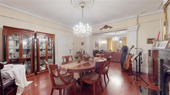Chandelier, Dining room, Fireplace, Interior, Living room, Wood Texture Flooring