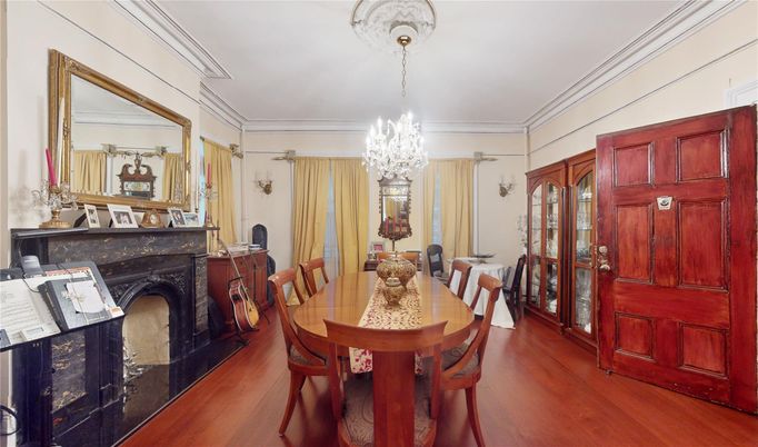 Chandelier, Dining room, Fireplace, Interior, Wood Texture Flooring