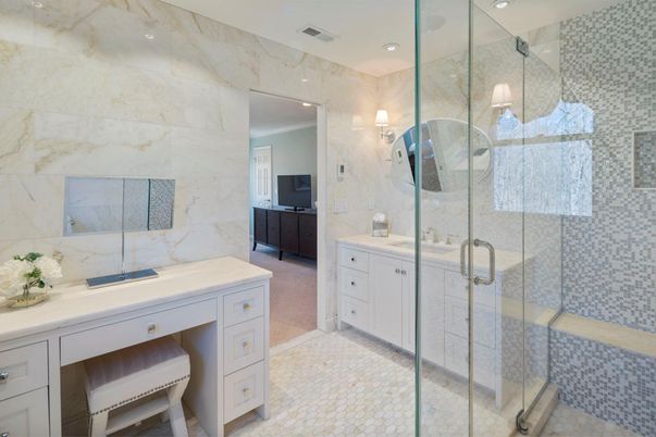 Bathroom, Glass Shower, Interior, Marble Walls, Recessed Lighting