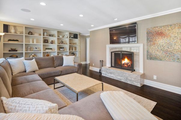 Fireplace, Interior, Living room, Recessed Lighting, Wood Texture Flooring