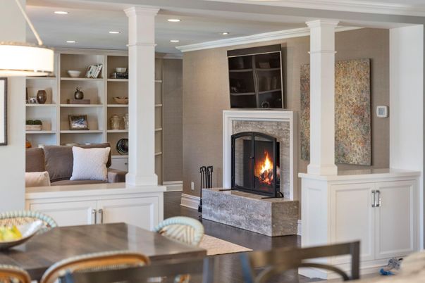 Fireplace, Interior, Recessed Lighting, Wood Texture Flooring