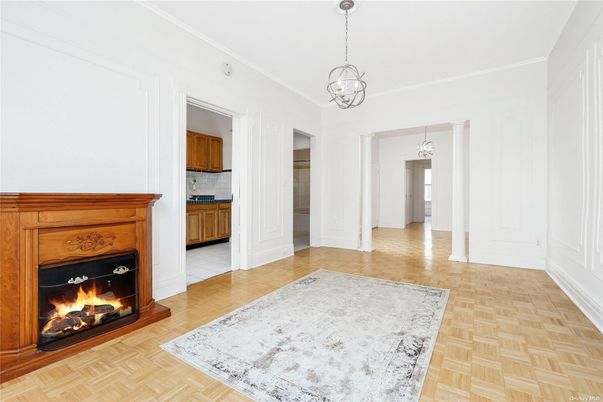 Chandelier, Empty room, Fireplace, Interior, Pendant Lights, Wood Texture Flooring
