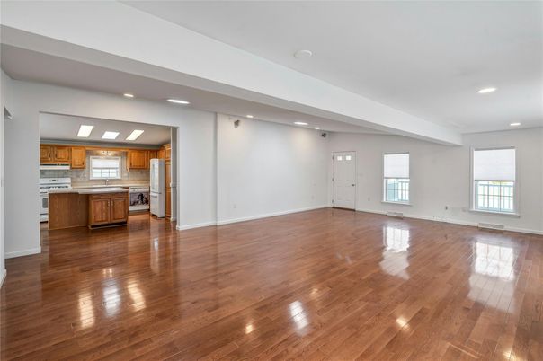 Empty room, Interior, Kitchen, Recessed Lighting, Wood Texture Flooring