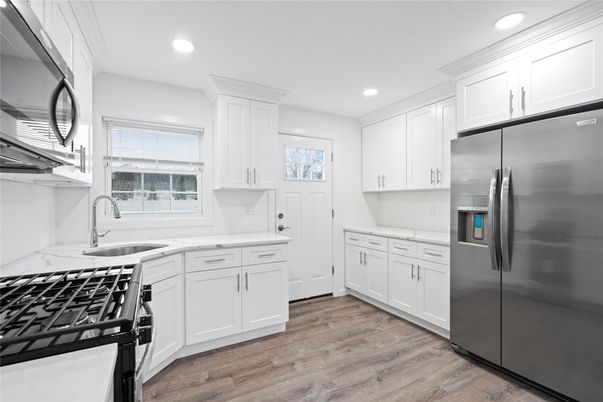 Interior, Kitchen, Recessed Lighting, Stainless Steel Appliances, Wood Texture Flooring