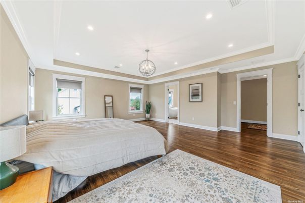 Bedroom, Chandelier, Interior, Recessed Lighting, Wood Texture Flooring