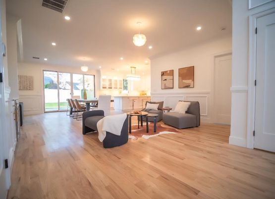 Chandelier, Dining room, Interior, Kitchen, Living room, Pendant Lights, Recessed Lighting, Wood Texture Flooring
