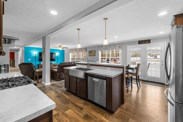 Dining room, Interior, Kitchen, Pendant Lights, Recessed Lighting, Wood Texture Flooring