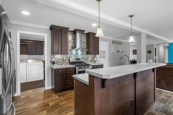 Interior, Kitchen, Pendant Lights, Recessed Lighting, Stainless Steel Appliances, Washer, Wood Texture Flooring