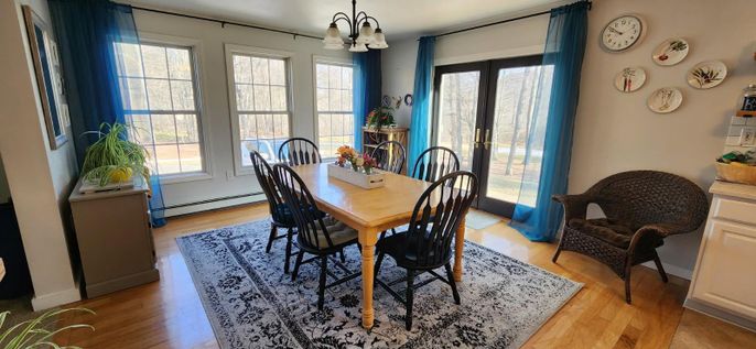 Dining room, Interior, Pendant Lights, Wood Texture Flooring