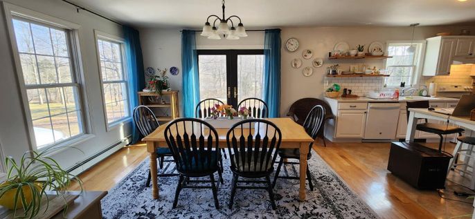 Dining room, Interior, Kitchen, Pendant Lights, Wood Texture Flooring