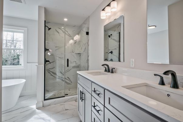 Bathroom, Dual Sink Vanities, Free Standing Baths, Glass Shower, Interior, Marble, Marble Walls, Recessed Lighting