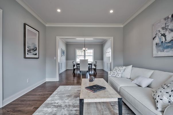 Dining room, Interior, Living room, Pendant Lights, Recessed Lighting, Wood Texture Flooring