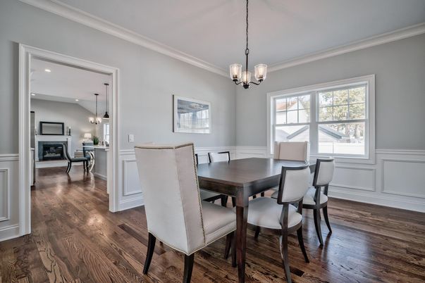 Dining room, Fireplace, Interior, Pendant Lights, Recessed Lighting, Wood Texture Flooring