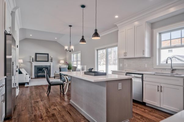 Fireplace, Interior, Kitchen, Pendant Lights, Recessed Lighting, Stainless Steel Appliances, Wood Texture Flooring