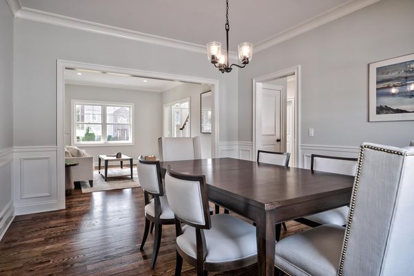 Chandelier, Dining room, Interior, Living room, Pendant Lights, Recessed Lighting, Wood Texture Flooring