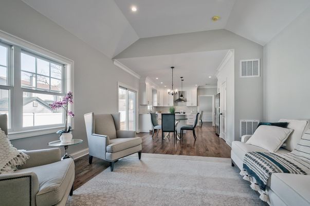 Dining room, Interior, Kitchen, Living room, Pendant Lights, Recessed Lighting, Stainless Steel Appliances, Wood Texture Flooring