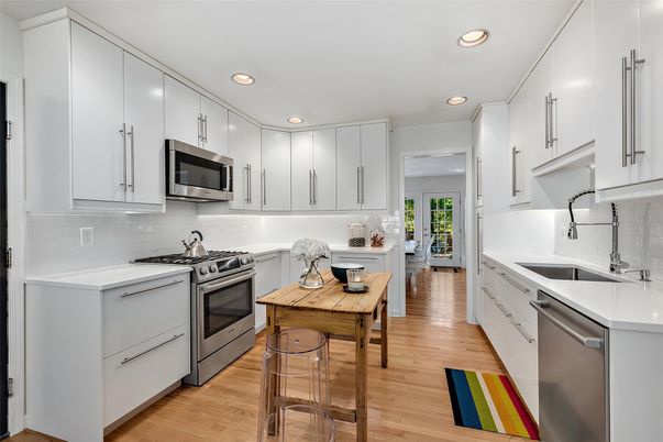 Interior, Kitchen, Recessed Lighting, Stainless Steel Appliances, Wood Texture Flooring