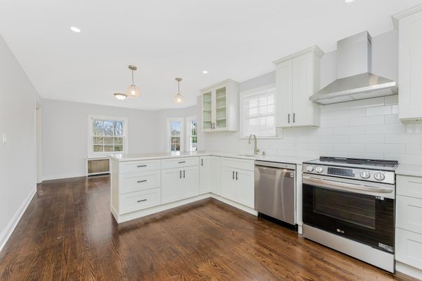 Interior, Kitchen, Pendant Lights, Recessed Lighting, Stainless Steel Appliances, Wood Texture Flooring
