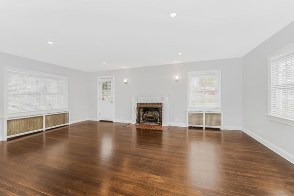 Empty room, Fireplace, Interior, Recessed Lighting, Wood Texture Flooring