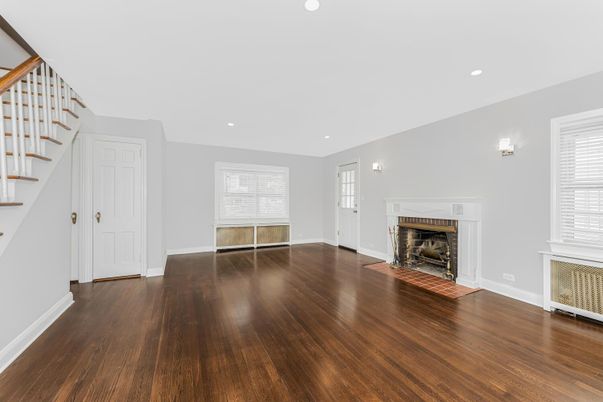 Empty room, Fireplace, Interior, Recessed Lighting, Wood Texture Flooring