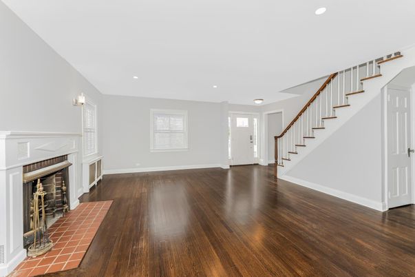 Empty room, Fireplace, Interior, Recessed Lighting, Wood Texture Flooring