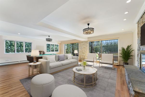 Chandelier, Fireplace, Interior, Living room, Recessed Lighting, Wood Texture Flooring