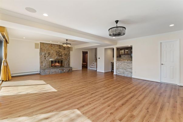 Empty room, Fireplace, Interior, Recessed Lighting, Wood Texture Flooring