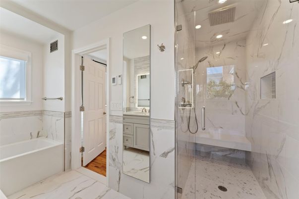 Bathroom, Glass Shower, Interior, Marble, Marble Walls, Recessed Lighting, Wood Texture Flooring