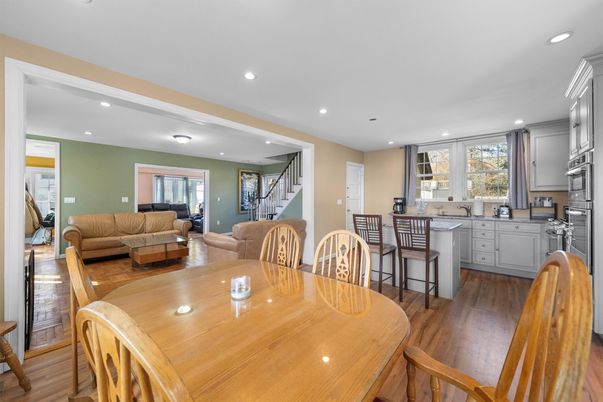Dining room, Interior, Kitchen, Living room, Recessed Lighting, Wood Texture Flooring