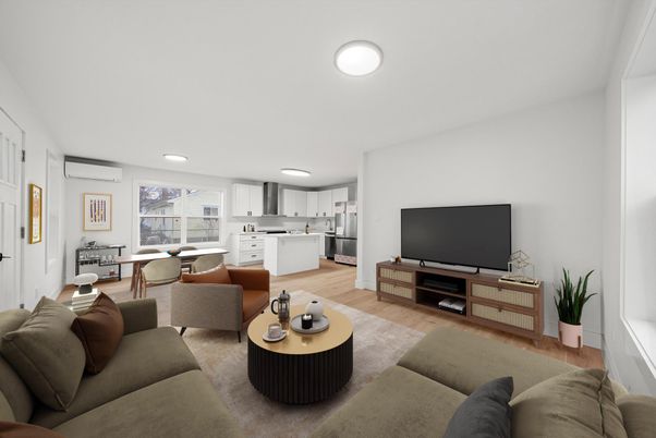 Interior, Kitchen, Living room, Recessed Lighting, Wood Texture Flooring