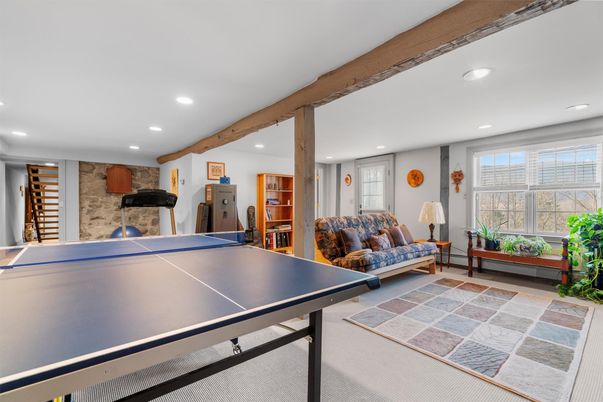 Game Room, Interior, Recessed Lighting, Stone Walls, Wooden Beams