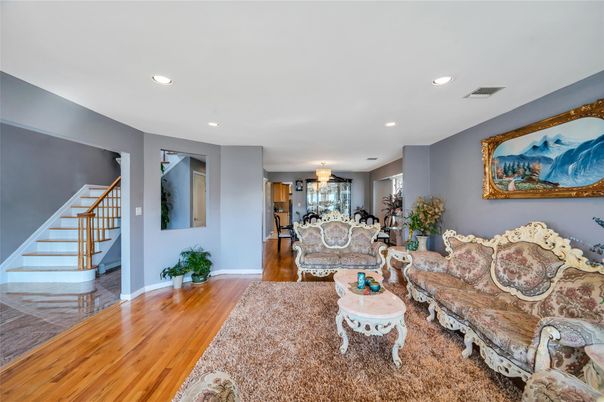 Chandelier, Interior, Living room, Recessed Lighting, Wood Texture Flooring
