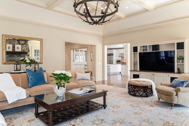 Chandelier, Interior, Living room, Recessed Lighting, Wood Texture Flooring