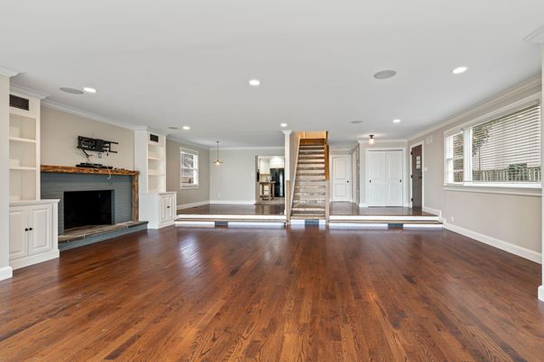 Empty room, Fireplace, Interior, Recessed Lighting, Wood Texture Flooring