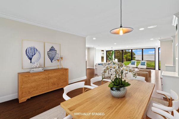 Dining room, Interior, Pendant Lights, Recessed Lighting, Wood Texture Flooring