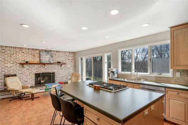 Dining room, Fireplace, Interior, Kitchen, Recessed Lighting, Stone Walls