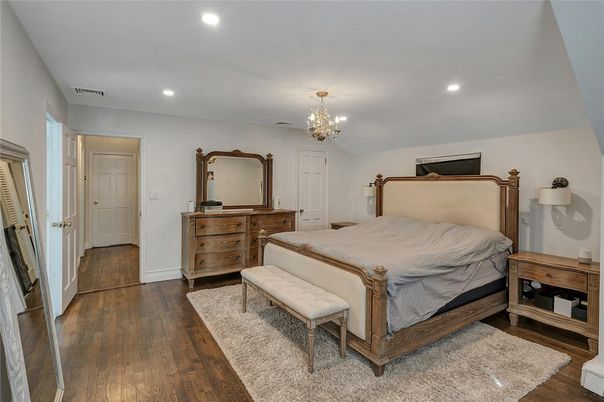 Bedroom, Chandelier, Interior, Recessed Lighting, Wood Texture Flooring