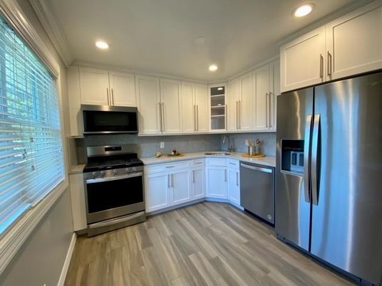 Interior, Kitchen, Recessed Lighting, Stainless Steel Appliances, Wood Texture Flooring