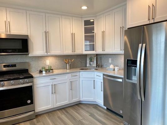 Interior, Kitchen, Recessed Lighting, Stainless Steel Appliances, Wood Texture Flooring