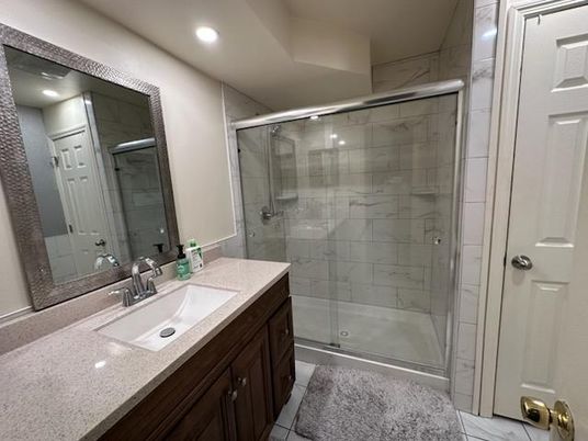 Bathroom, Glass Shower, Interior, Marble Walls, Recessed Lighting