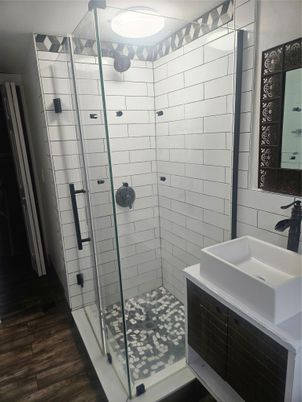 Bathroom, Glass Shower, Interior, Wood Texture Flooring