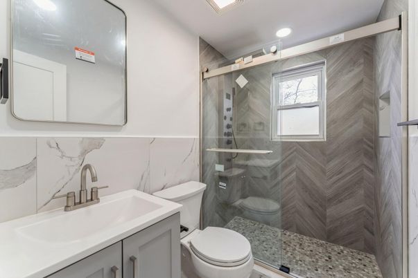 Bathroom, Glass Shower, Interior, Marble Walls, Recessed Lighting