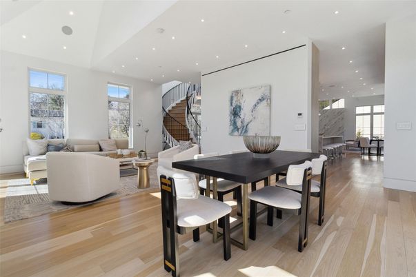 Dining room, Interior, Living room, Recessed Lighting, Wood Texture Flooring