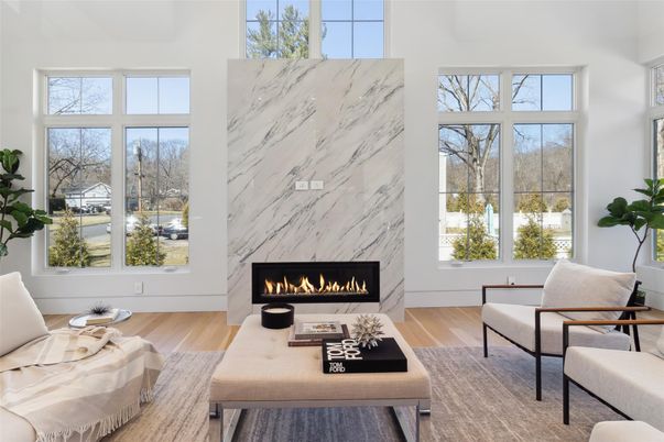 Fireplace, Interior, Living room, Marble Walls, Wood Texture Flooring