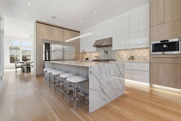 Interior, Kitchen, Marble Walls, Pendant Lights, Recessed Lighting, Stainless Steel Appliances, Wood Texture Flooring