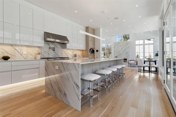 Fireplace, Interior, Kitchen, Marble Walls, Pendant Lights, Recessed Lighting, Wood Texture Flooring