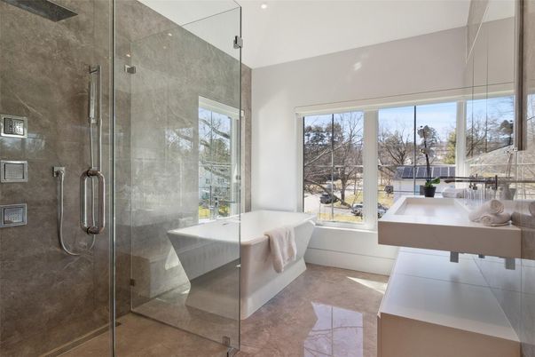 Bathroom, Free Standing Baths, Glass Shower, Interior, Recessed Lighting