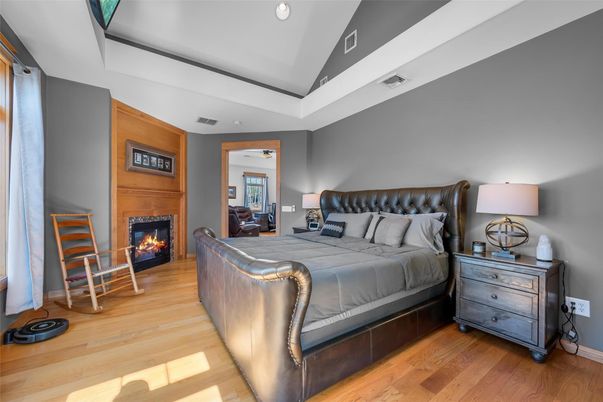 Bedroom, Fireplace, Interior, Wood Texture Flooring