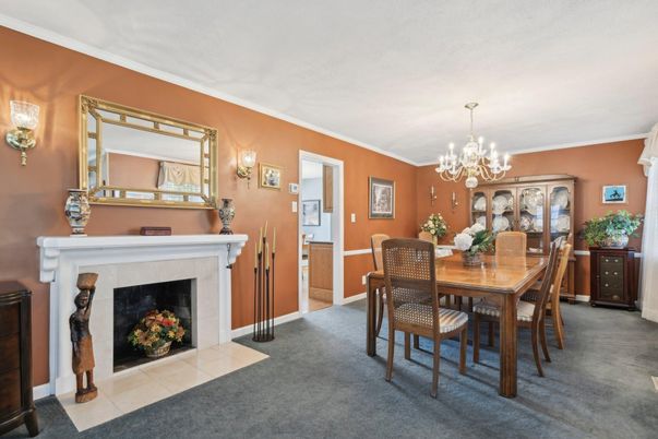 Chandelier, Dining room, Fireplace, Interior